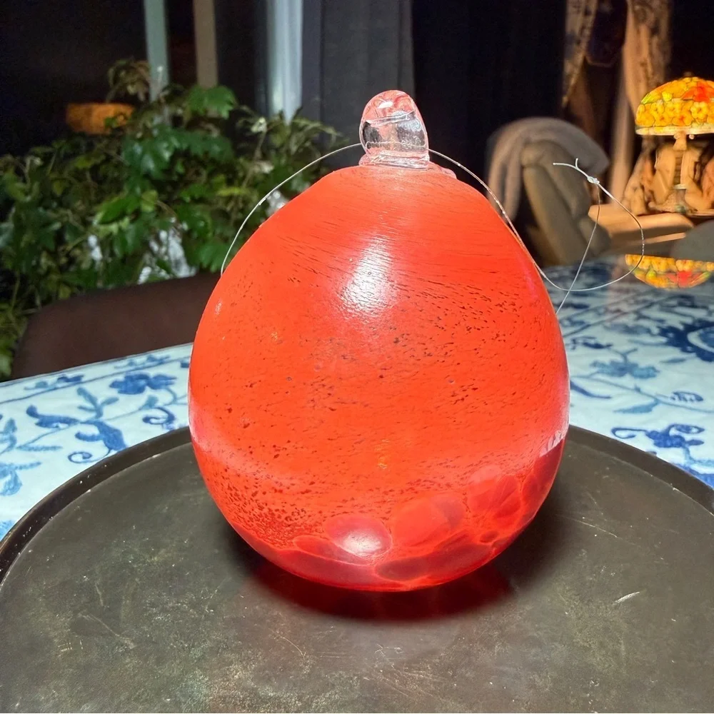 Hand Blown Art Glass Christmas Ornament Red Orange Swirl Speckled Ball Gift 9.5”